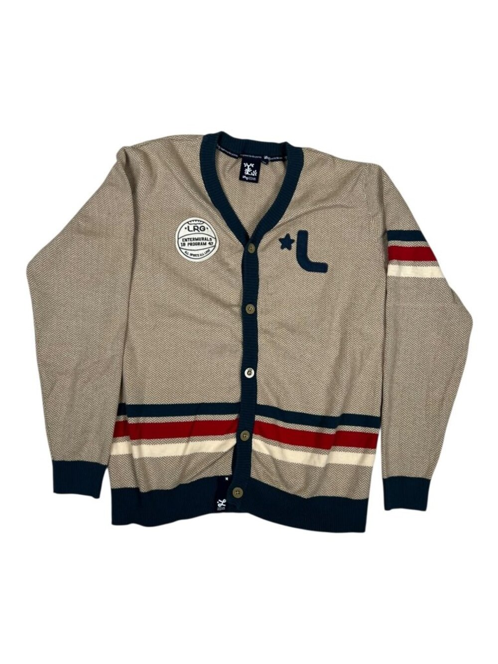Vintage LRG Cardigan Sweater Mens XL Beige Striped Varsity Button Front Y2K